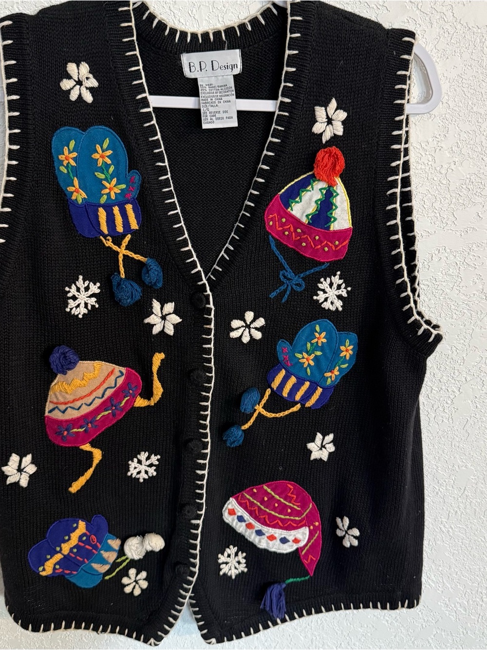 Black Embroidered Winter Vest with Colorful Hats
